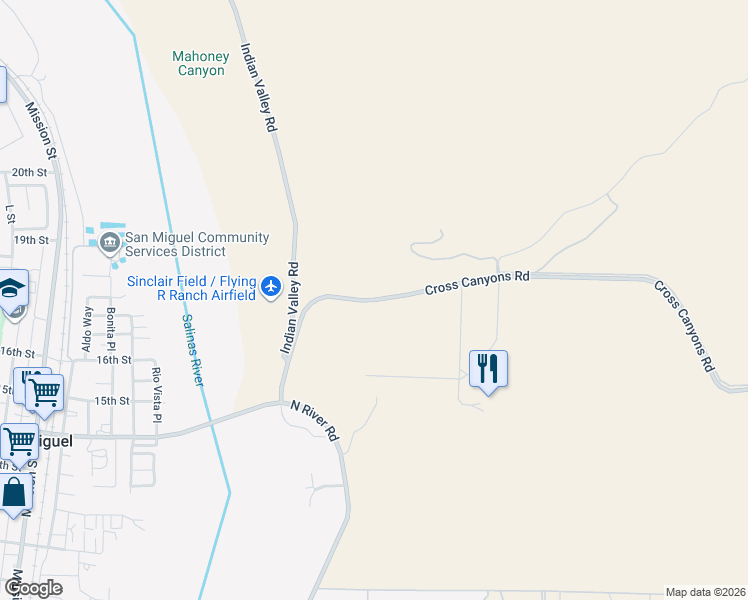 map of restaurants, bars, coffee shops, grocery stores, and more near Cross Canyons Road in San Miguel