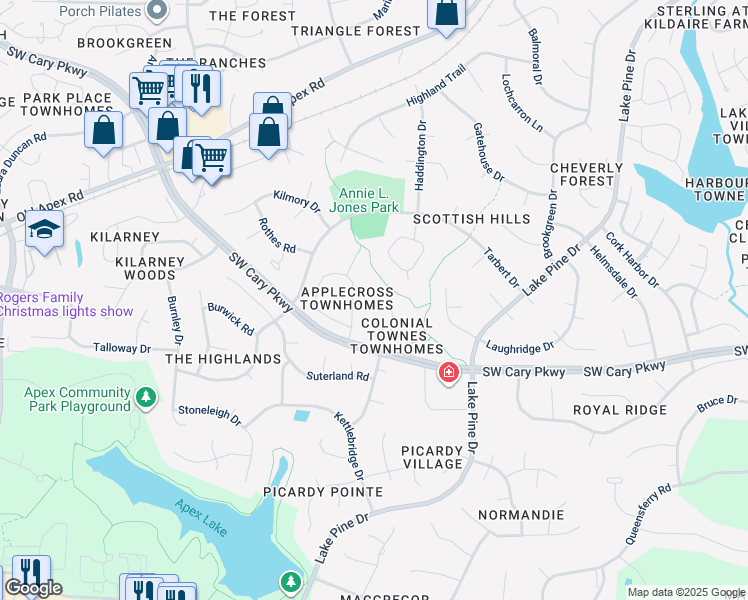 map of restaurants, bars, coffee shops, grocery stores, and more near 111 Inverness Court in Cary
