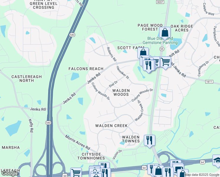 map of restaurants, bars, coffee shops, grocery stores, and more near 2202 Echo Glen Lane in Apex