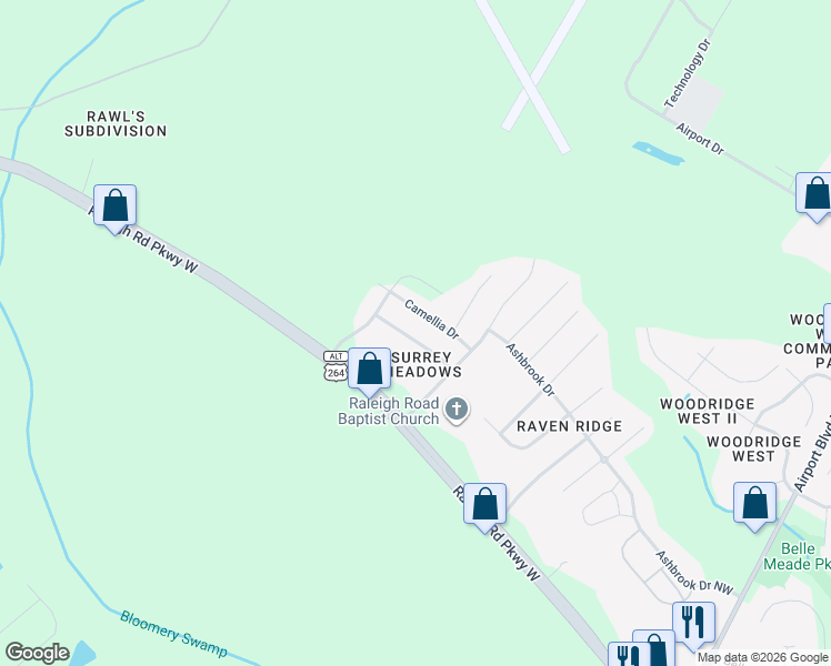 map of restaurants, bars, coffee shops, grocery stores, and more near 4314 Blazing Star Lane Northwest in Wilson