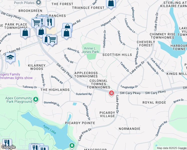 map of restaurants, bars, coffee shops, grocery stores, and more near 115 Inverness Court in Cary