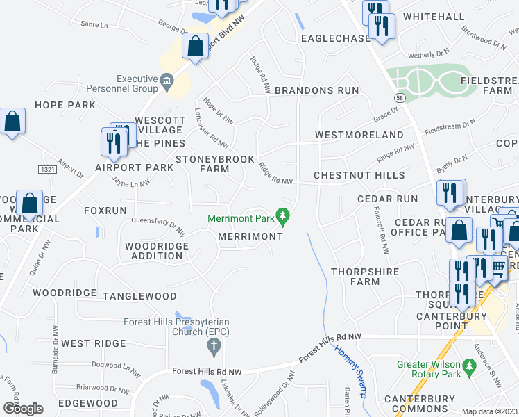 map of restaurants, bars, coffee shops, grocery stores, and more near 2609 Westminster Drive Northwest in Wilson