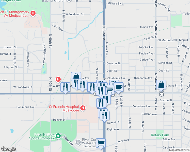 map of restaurants, bars, coffee shops, grocery stores, and more near 216 North 34th Street in Muskogee