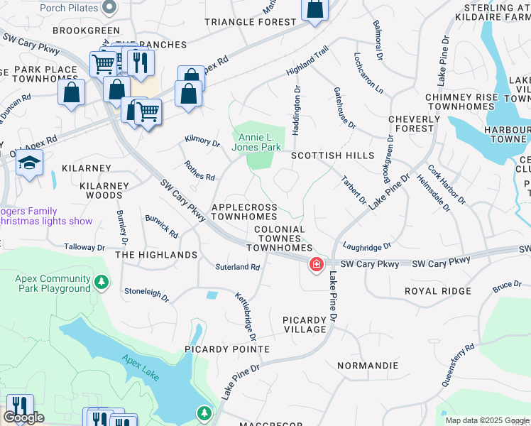 map of restaurants, bars, coffee shops, grocery stores, and more near 115 Inverness Court in Cary