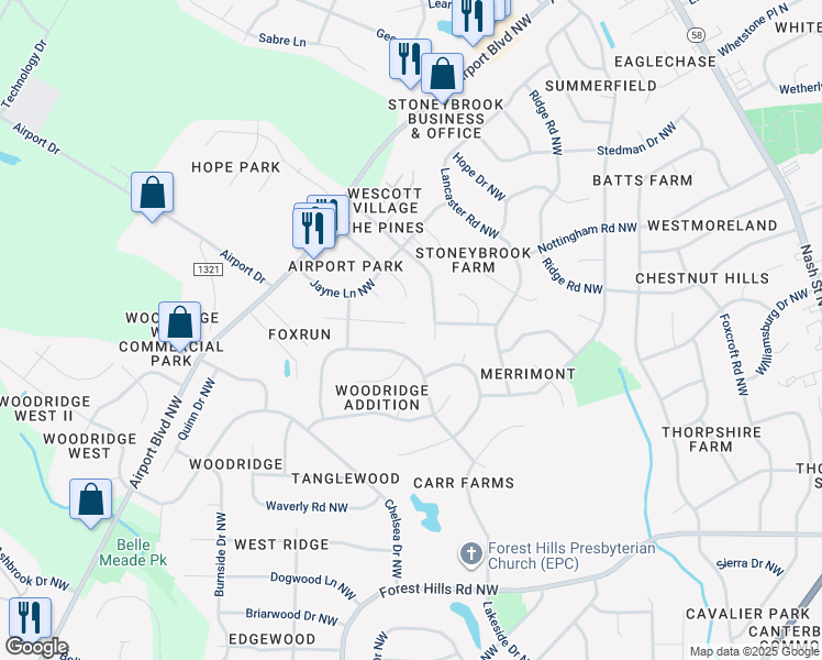 map of restaurants, bars, coffee shops, grocery stores, and more near 3518 Appleberry Court Northwest in Wilson