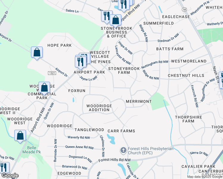 map of restaurants, bars, coffee shops, grocery stores, and more near 3304 Queensferry Drive Northwest in Wilson