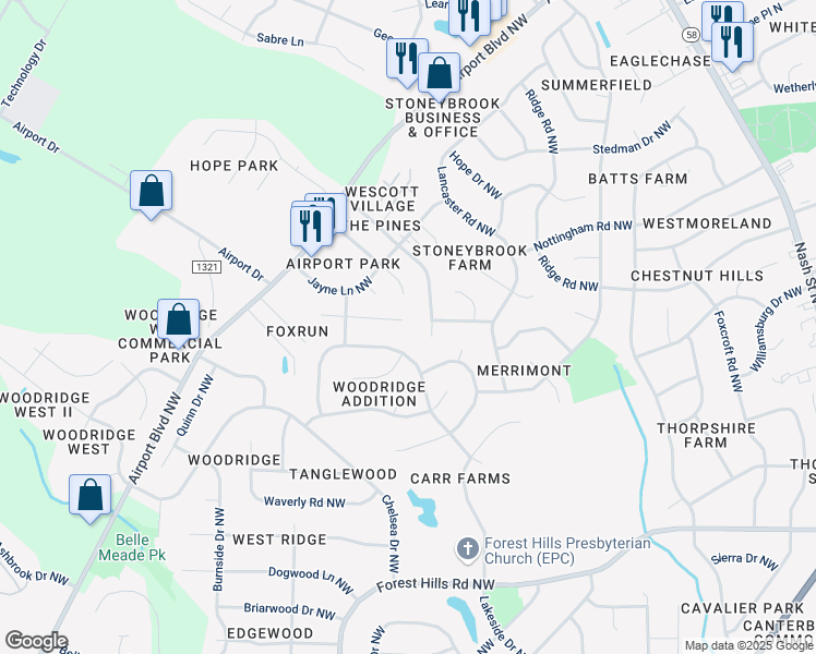 map of restaurants, bars, coffee shops, grocery stores, and more near 3518 Appleberry Court Northwest in Wilson