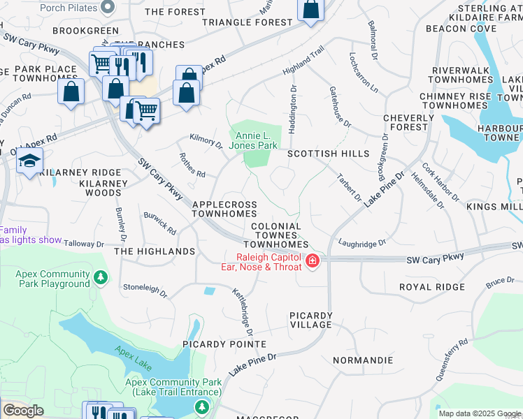 map of restaurants, bars, coffee shops, grocery stores, and more near 112 Inverness Court in Cary