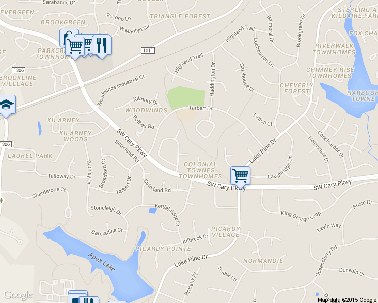 map of restaurants, bars, coffee shops, grocery stores, and more near 112 Inverness Court in Cary