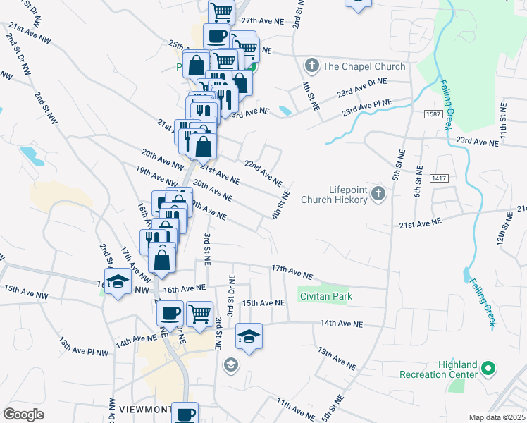 map of restaurants, bars, coffee shops, grocery stores, and more near 1950 4th Street Northeast in Hickory