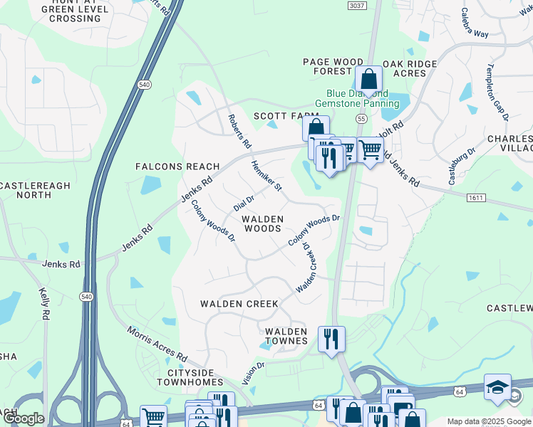 map of restaurants, bars, coffee shops, grocery stores, and more near 2212 Oak Stream Lane in Apex