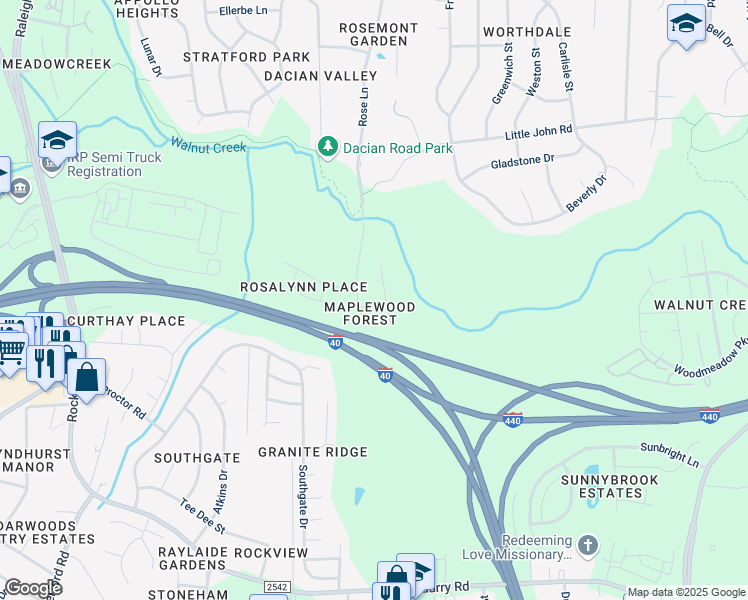map of restaurants, bars, coffee shops, grocery stores, and more near 2407 Maplewood Lane in Raleigh