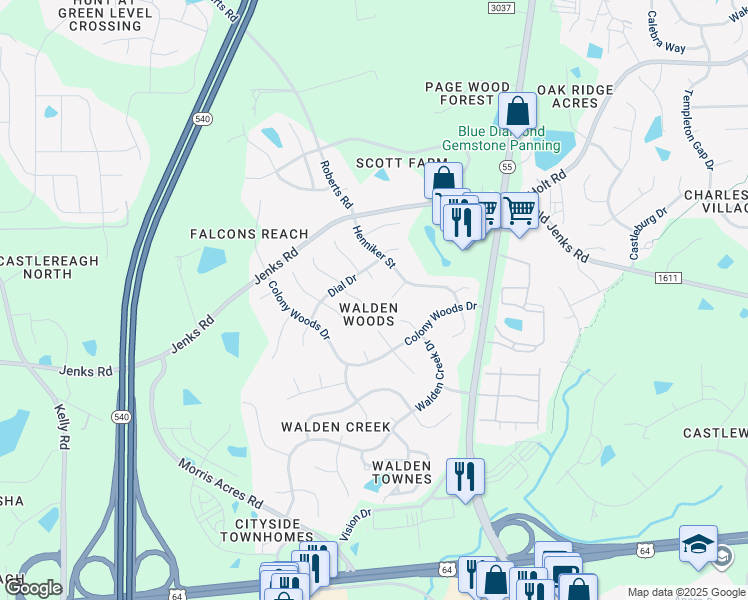 map of restaurants, bars, coffee shops, grocery stores, and more near 2212 Oak Stream Lane in Apex