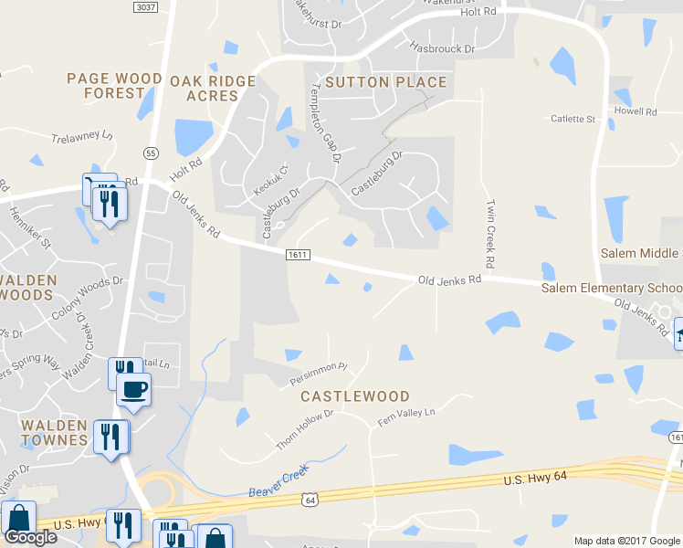 map of restaurants, bars, coffee shops, grocery stores, and more near 6609 Old Jenks Road in Apex