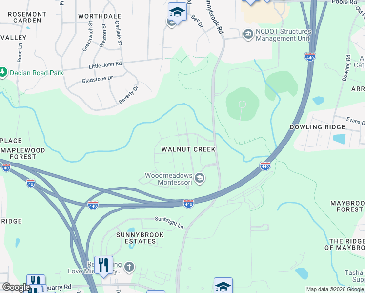 map of restaurants, bars, coffee shops, grocery stores, and more near 1419 Infinity Lane in Raleigh