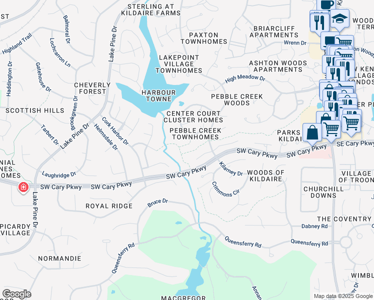 map of restaurants, bars, coffee shops, grocery stores, and more near 128 Bogue Court in Cary