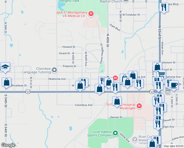 map of restaurants, bars, coffee shops, grocery stores, and more near 4326 Oklahoma Street in Muskogee