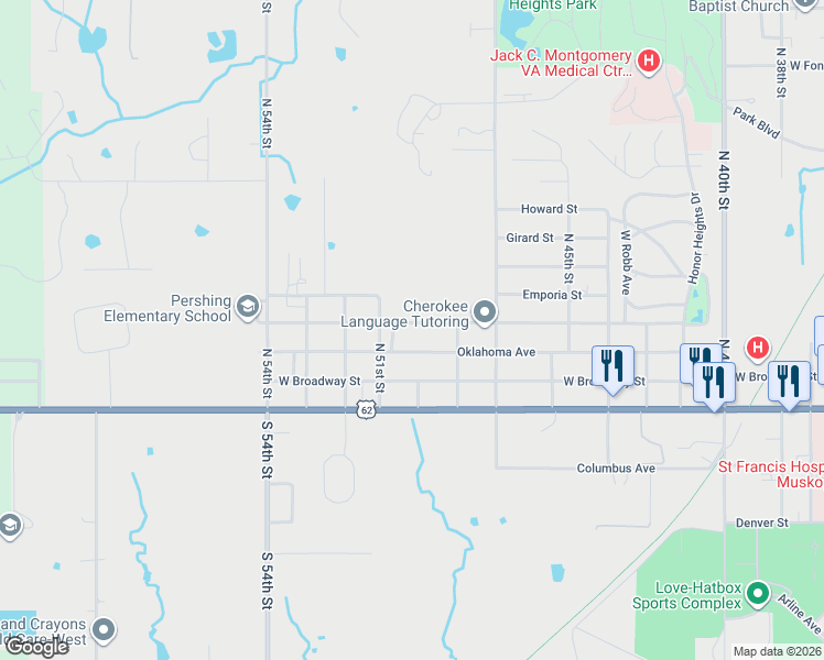 map of restaurants, bars, coffee shops, grocery stores, and more near 5010 Oklahoma Street in Muskogee