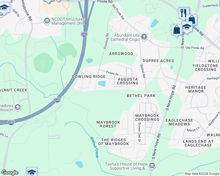map of restaurants, bars, coffee shops, grocery stores, and more near 1534 Golden Bell Drive in Raleigh