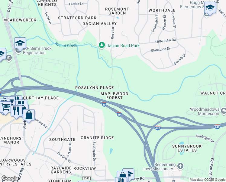 map of restaurants, bars, coffee shops, grocery stores, and more near 2402 Maplewood Lane in Raleigh