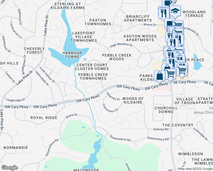 map of restaurants, bars, coffee shops, grocery stores, and more near 103 Cunningham Court in Cary
