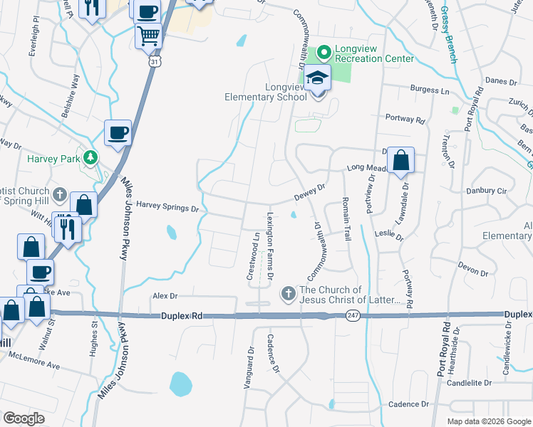 map of restaurants, bars, coffee shops, grocery stores, and more near 2000 Lexington Farms Lane in Spring Hill