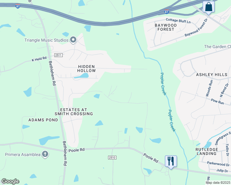 map of restaurants, bars, coffee shops, grocery stores, and more near 1403 Font Hills Lane in Knightdale