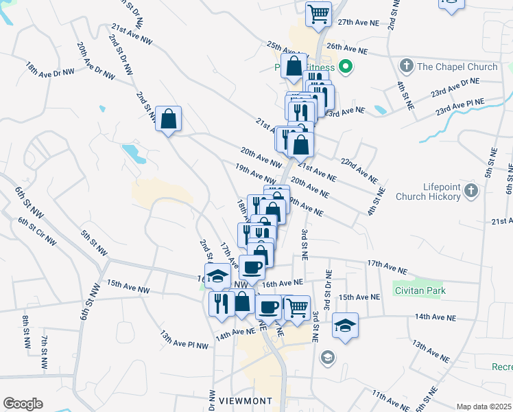 map of restaurants, bars, coffee shops, grocery stores, and more near 27 18th Avenue Drive Northwest in Hickory
