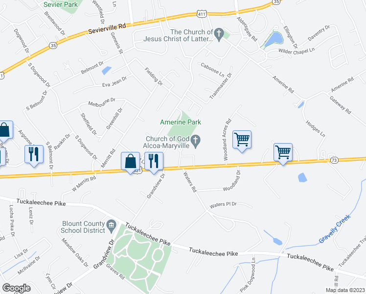 map of restaurants, bars, coffee shops, grocery stores, and more near 122 Dockery Drive in Maryville