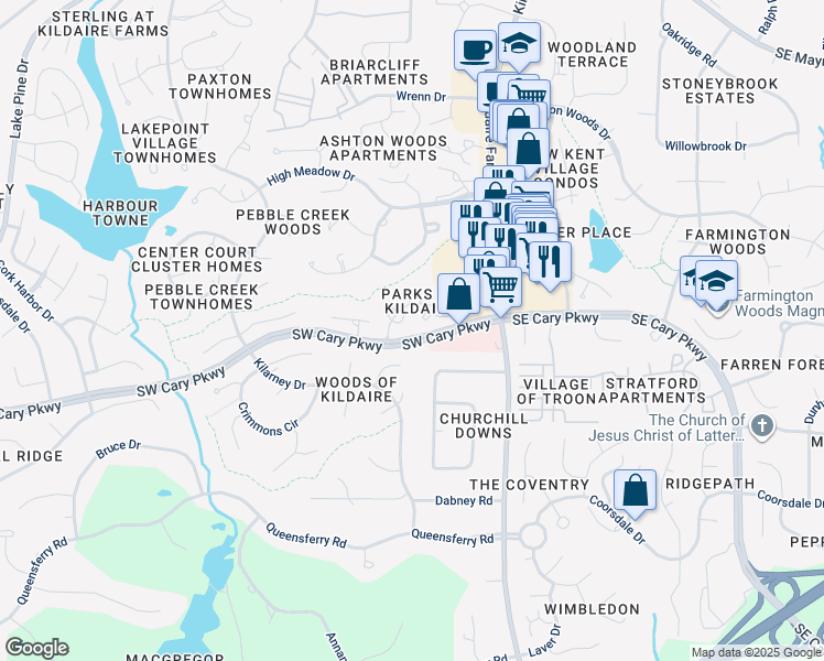 map of restaurants, bars, coffee shops, grocery stores, and more near 112 Clancy Circle in Cary