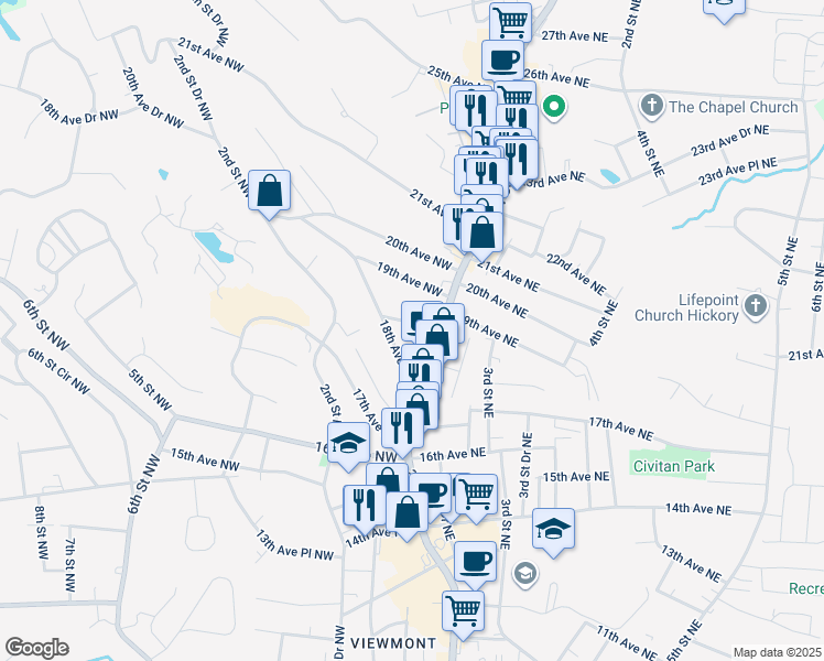 map of restaurants, bars, coffee shops, grocery stores, and more near 27 18th Avenue Drive Northwest in Hickory