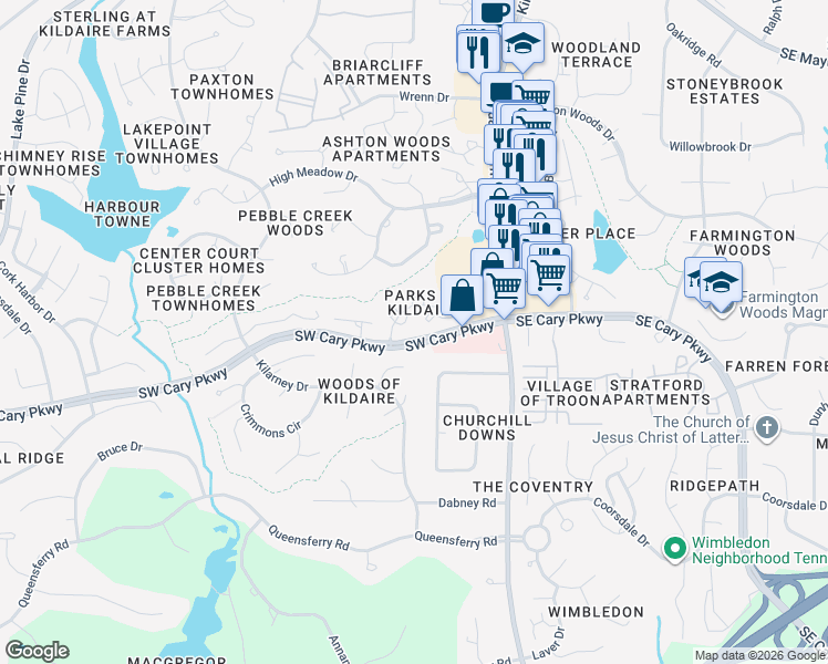 map of restaurants, bars, coffee shops, grocery stores, and more near 112 Clancy Circle in Cary