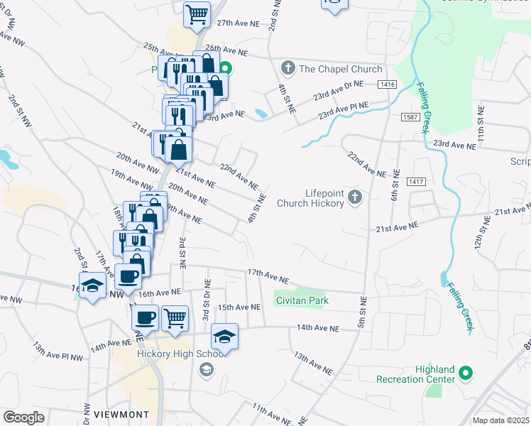 map of restaurants, bars, coffee shops, grocery stores, and more near 2026 4th Street Northeast in Hickory