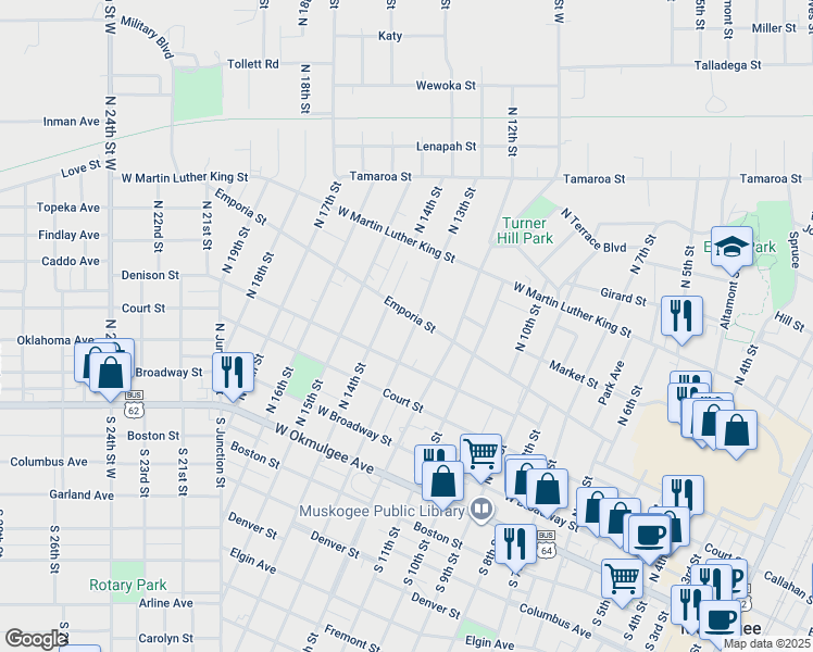 map of restaurants, bars, coffee shops, grocery stores, and more near 412 North 13th Street in Muskogee