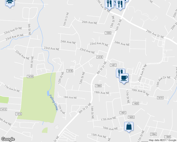 map of restaurants, bars, coffee shops, grocery stores, and more near 1315 20th Avenue Place Northeast in Hickory