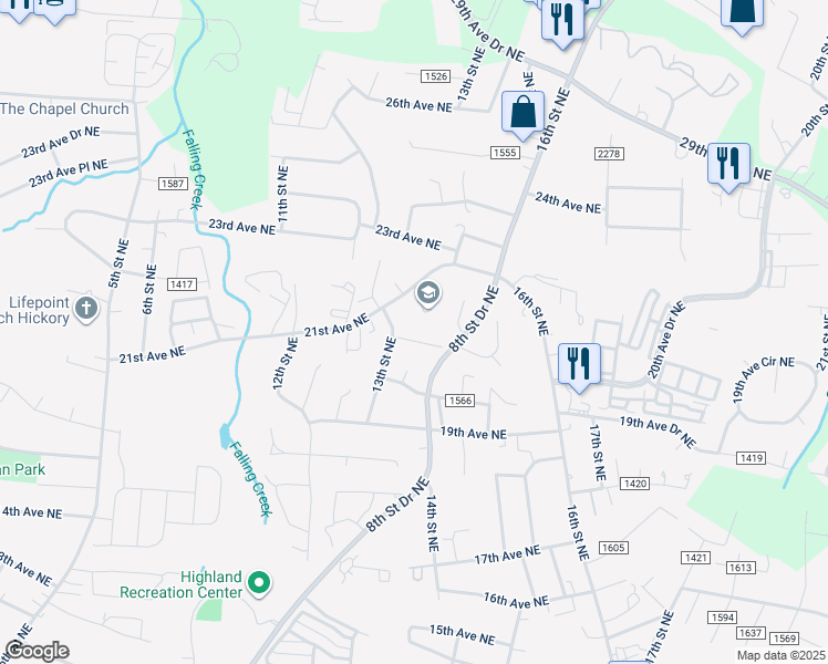 map of restaurants, bars, coffee shops, grocery stores, and more near 1315 20th Avenue Place Northeast in Hickory