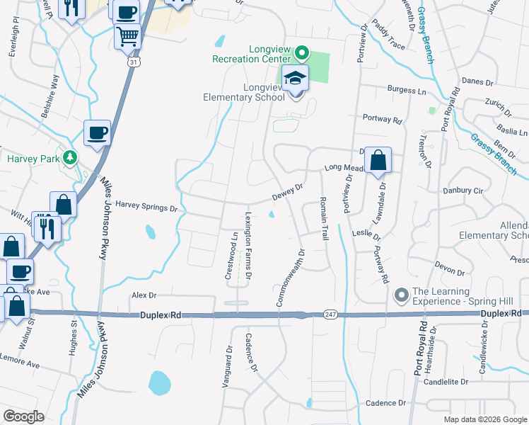 map of restaurants, bars, coffee shops, grocery stores, and more near 2271 Dewey Drive in Spring Hill