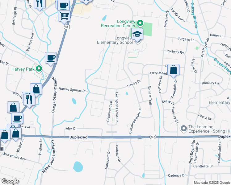 map of restaurants, bars, coffee shops, grocery stores, and more near 2000 Lexington Farms Lane in Spring Hill