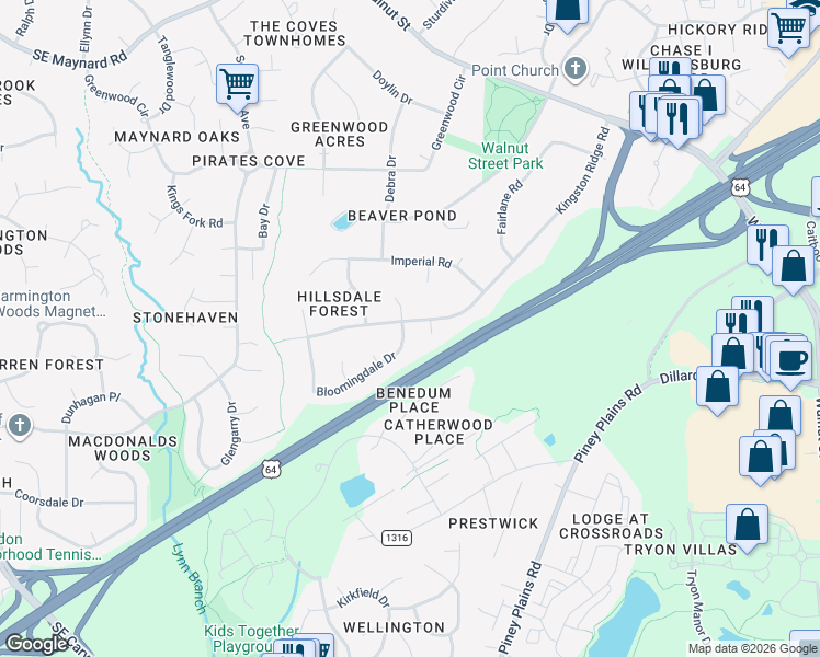 map of restaurants, bars, coffee shops, grocery stores, and more near 1305 Bloomingdale Drive in Cary