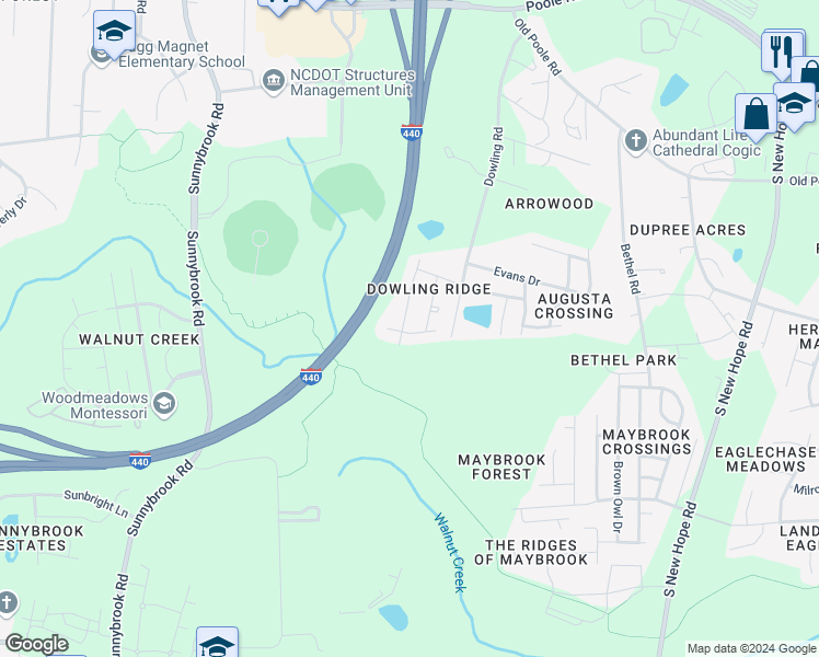 map of restaurants, bars, coffee shops, grocery stores, and more near 3905 Mike Levi Court in Raleigh