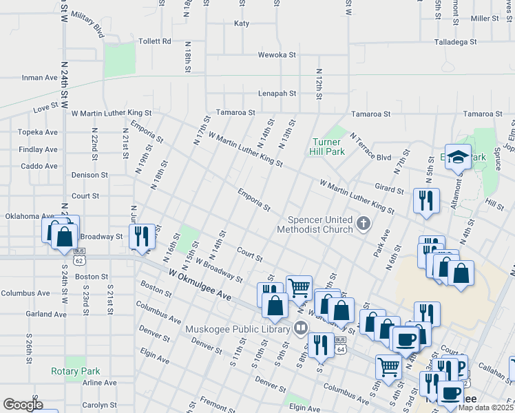 map of restaurants, bars, coffee shops, grocery stores, and more near 1299 Emporia Street in Muskogee