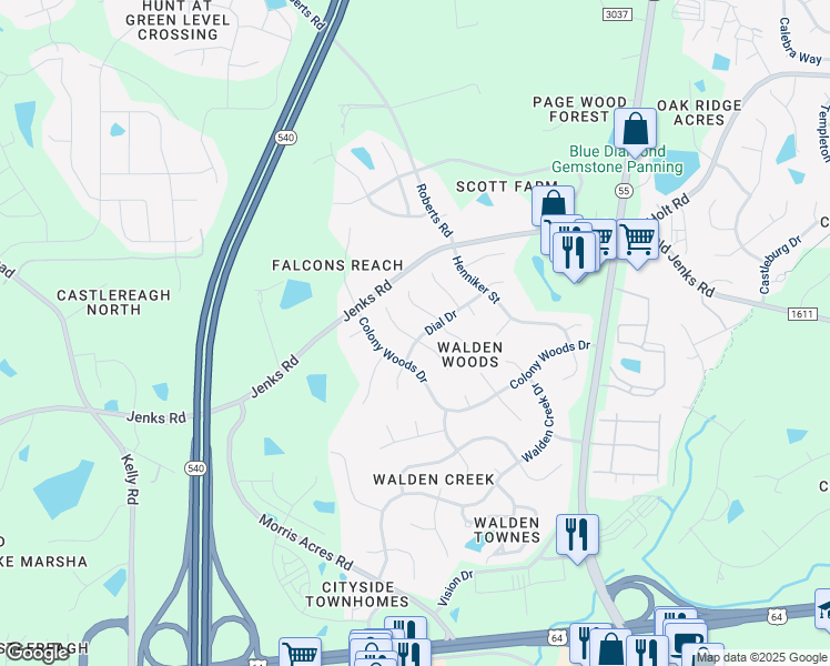 map of restaurants, bars, coffee shops, grocery stores, and more near 2504 Dial Dr in Apex