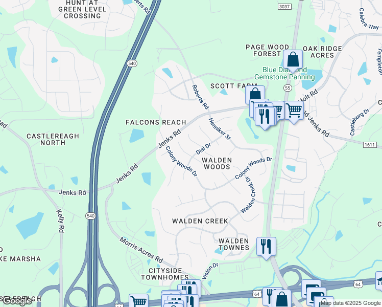 map of restaurants, bars, coffee shops, grocery stores, and more near 2504 Dial Dr in Apex