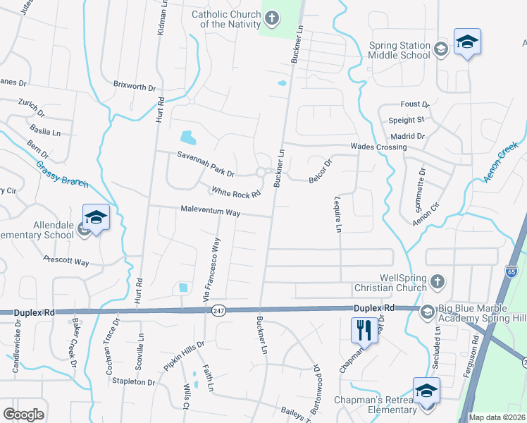 map of restaurants, bars, coffee shops, grocery stores, and more near 1001 Maleventum Way in Spring Hill
