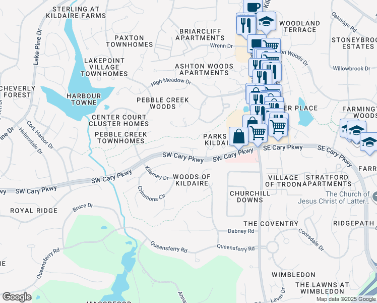 map of restaurants, bars, coffee shops, grocery stores, and more near 201 Concannon Court in Cary