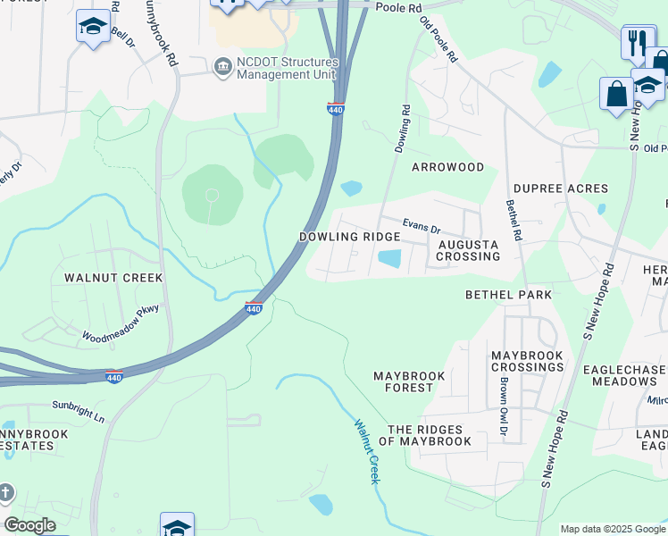 map of restaurants, bars, coffee shops, grocery stores, and more near 3905 Mike Levi Court in Raleigh