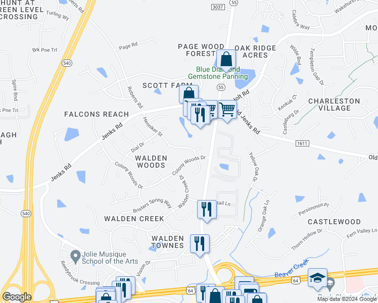 map of restaurants, bars, coffee shops, grocery stores, and more near 2007 Henniker Street in Apex