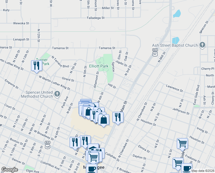 map of restaurants, bars, coffee shops, grocery stores, and more near 710 North 4th Street in Muskogee