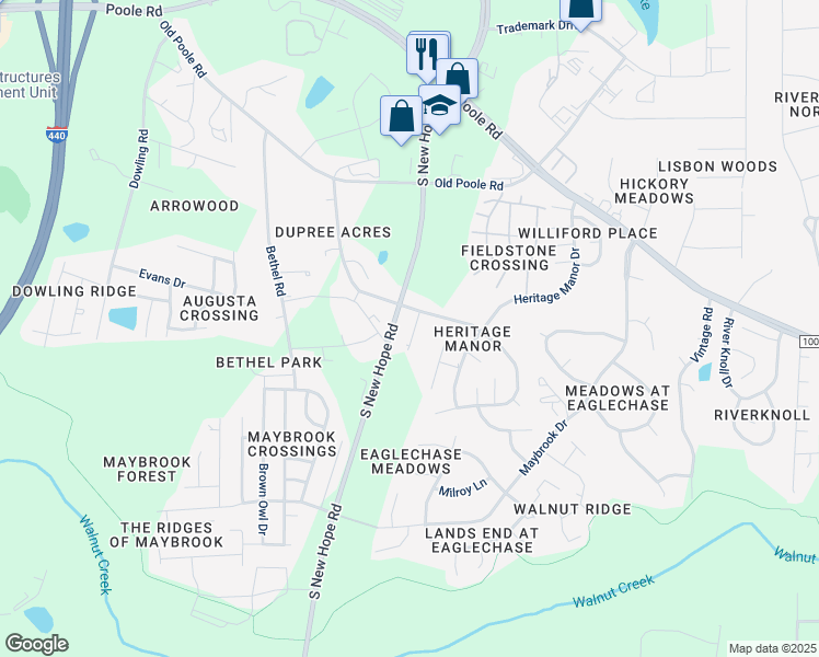 map of restaurants, bars, coffee shops, grocery stores, and more near 1212 Haybrook Lane in Raleigh