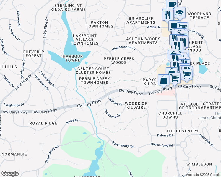 map of restaurants, bars, coffee shops, grocery stores, and more near 134 Carmichael Court in Cary